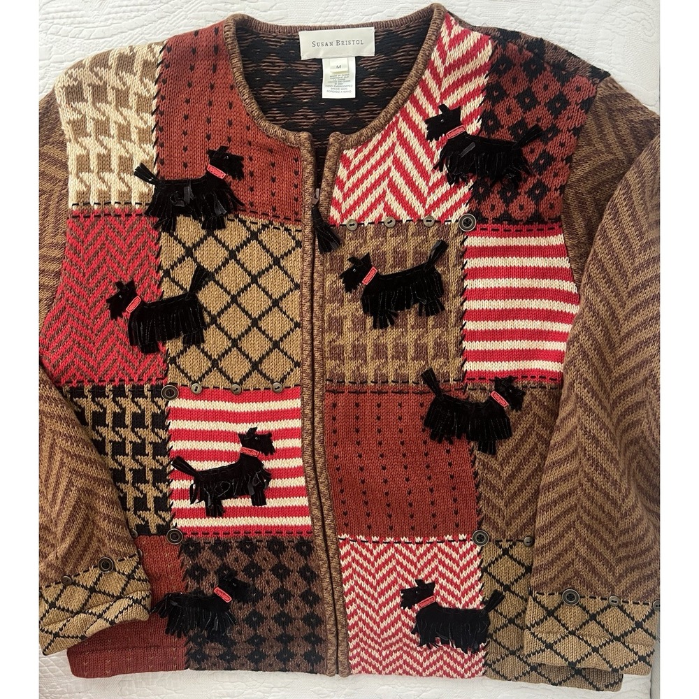 Vintage Susan Bristol Sweater Womens M Scottie Dog Full Zip Cardigan 3D Y2K